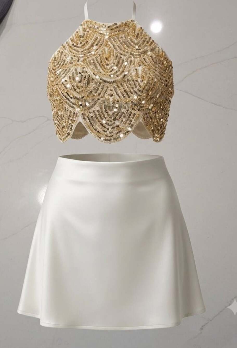 Womens Gold Sequin Halter Crop Top and White Satin Skirt Two Piece Set Size S